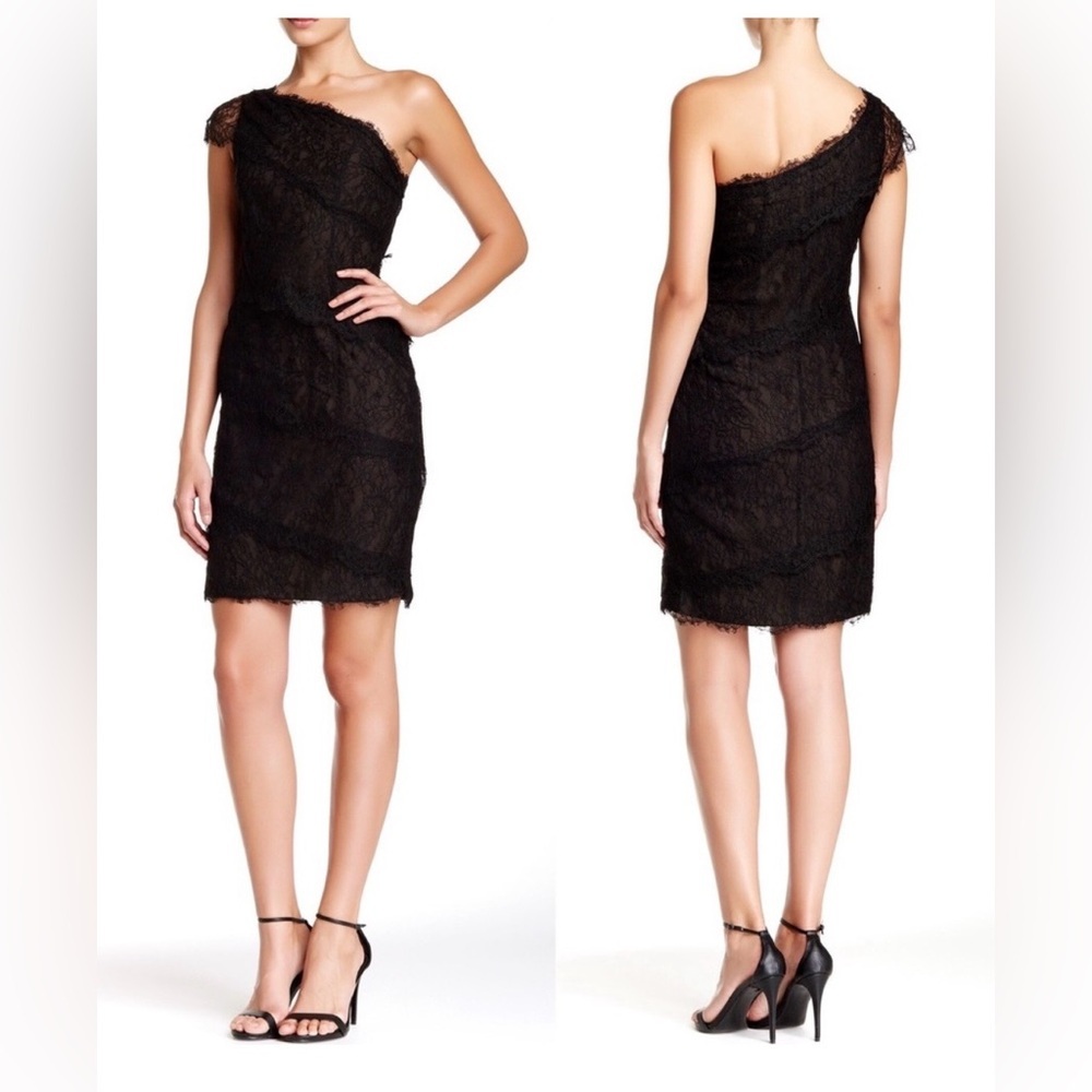 ML Monique Lhuillier Black Lace One Shoulder Dress Size 12 Cocktail Party